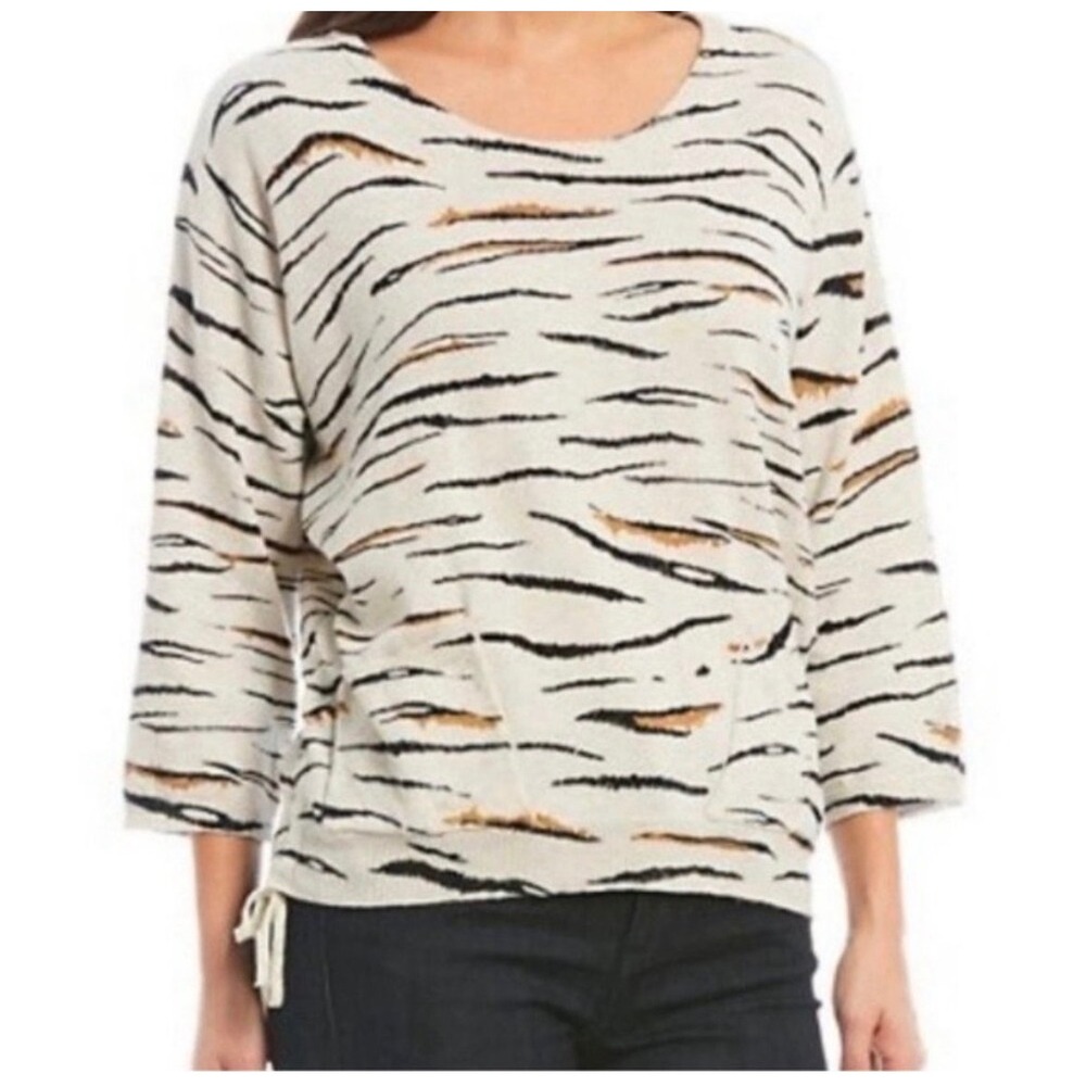 Democracy Womens Tiger Print 100% Cotton Knit Sweater 3/4 Sleeve Cream M Ruching